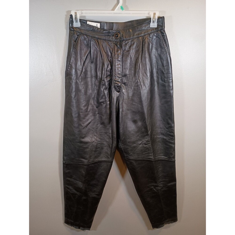 Vintage Donna Pelle Womens Black Pleated Leather Pants Pockets Size 14